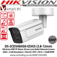 Hikvision DS-2CD5A85G0-IZ(H)S  8MP 2.8 to 12 mm motor-driven lens 50 IR IP67 IK10 120db WDR Alarm I/O Bullet Network Camera, Built-in microSD/SDHC/SDXC card slot, up to 256GB