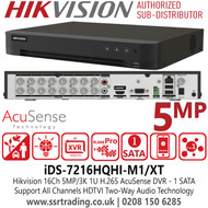 Hikvision DS-7216HQHI-M1/XT 16Ch 5MP/3K 1U H.265 AcuSense HDTVI/AHD/CVI/CVBS/IP 16Ch DVR - Support All Channels HDTVI Two-Way Audio Technology - Support All Channels Motion Detection Technology 