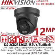 Hikvision UHD 12MP Acusense Turret Network IP Camera with 2.8mm Lens, Excellent low-light performance via Powered by DarkFighter, Crystal-clear audio with Built-in Arrayed Dual-Mic, and Smart PA Speaker - DS-2CD23126G3-IS2UY/SL/Black (2.8mm)