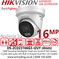16MP Network Turret Camera, Hikvision DS-2CD23166G3-I2UY (4mm) UHD Acusense Darkfighter Turret IP PoE CCTV Security Camera with 4mm Fixed Lens, 40m IR Range, Crystal-clear audio with Built-in Arrayed Dual-Mic