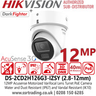 Hikvision 12MP Acusense Powered by Darkfighter Motorized Varifocal Lens Turret IP Network Camera - DS-2CD2H126G3-IZSY (2.8-12mm)