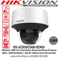 Hikvision DS-2CD55C5G0-IZ(H)S 12MP IR VF Dome Network Camera, 2.8 to 12 mm motor-driven lens, IR range up to 30 m, Digital WDR, IP67, IK10, Built-in microSD/SDHC/SDXC card slot, up to 256 GB
