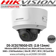 HIkvision - 8MP 2.8-12mm Motorized Varifocal Lens 30m IR IP67 IK10 Network Dome Camera - DS-2CD2785G0-IZS 