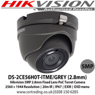 Hikvision - 5MP 2.8mm fixed lens 20m IR IP67 Turret PoC Camera - DS-2CE56H0T-ITME/GREY