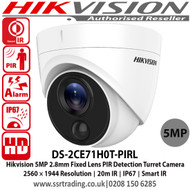 Hikvision 5MP 2.8mm fixed lens 20m IR IP67 Smart IR EXIR PIR Turret Camera - DS-2CE71H0T-PIRL