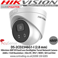 Hikvision 4MP IR Fixed AcuSense Darkfighter Turret Network Camera with 2.8mm fixed lens, Up to 50 m IR distance, 120dB WDR, IP67, False alarm filter by target classification, Support on-board storage, up to 128 GB - DS-2CD2346G1-I