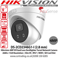 Hikvision DS-2CD2346G1-I 4MP IR Fixed AcuSense Darkfighter Turret Network Camera with 2.8mm fixed lens, Up to 50 m IR distance, 120dB WDR, IP67, False alarm filter by target classification, Support on-board storage, up to 128 GB - Ist