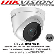Hikvision - 4 MP CMOS Vari-Focal Network Turret Camera with 2.8 mm to 12 mm motorized vari-focal lens, Up to 30 m IR range, 120 dB WDR (Wide Dynamic Range), IP 67, PoE (Power over Ethernet) - DS-2CD1H41WD-IZ