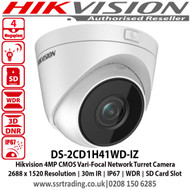 Hikvision 4MP CMOS Vari-Focal Network Turret Camera with 2.8 mm to 12 mm motorized vari-focal lens, Up to 30 m IR range, 120 dB WDR (Wide Dynamic Range), IP 67, PoE (Power over Ethernet) - DS-2CD1H41WD-IZ