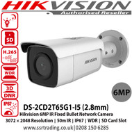 Hikvision 6MP IR Fixed Bullet Network Camera with 2.8mm fixed lens, 50m IR, 120dB WDR, Powered by Darkfighter, IP67, BLC/3D DNR/ROI/HLC,  Support on-board storage, up to 128 GB - DS-2CD2T65G1-I5