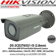 Hikvision - 6MP IR Fixed Grey Bullet Network Camera with 2.8mm fixed lens, 50m IR, 120dB WDR, Powered by Darkfighter, IP67, BLC/3D DNR/ROI/HLC,  Support on-board storage, up to 128 GB - DS-2CD2T65G1-I5/Grey