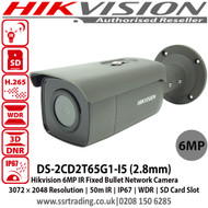Hikvision 6MP IR Fixed Grey Bullet Network Camera with 2.8mm fixed lens, 50m IR, 120dB WDR, Powered by Darkfighter, IP67, BLC/3D DNR/ROI/HLC,  Support on-board storage, up to 128 GB - DS-2CD2T65G1-I5/Grey