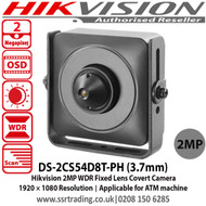 Hikvision 2MP WDR Covert Camera with 3.7 mm fixed focal lens, Ultra-low light, 120 dB true WDR, 3D DNR, Switchable TVI/CVBS, Applicable for ATM machine - DS-2CS54D8T-PH