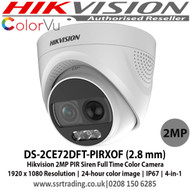 Hikvision - 2MP PIR Siren Full Time Color Camera with 3.6mm fixed lens, 24-hour color image, Smart Light, up to 20 m white light distance, PIR detection strobe light alarm, Built-in siren,  switchable TVI/AHD/CVI/CVBS, IP67 - DS-2CE72DFT-PIRXOF