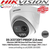 Hikvision DS-2CE72DFT-PIRXOF 2MP PIR Siren Full Time Color Camera with 3.6mm fixed lens, 24-hour color image, Smart Light, up to 20 m white light distance, PIR detection strobe light alarm, Built-in siren,  switchable TVI/AHD/CVI/CVBS, IP67