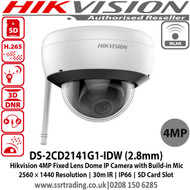 Hikvision 4MP Fixed Lens Dome Network Camera with Build-in Mic with 2.8mm fixed lens, Wi-Fi Connection, Audio I/O: 1 built-in mic, mono sound, IP66 - DS-2CD2141G1-IDW