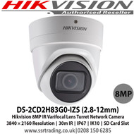 Hikvision - 8MP IR Varifocal Turret Network Camera with 2.8 to 12 mm varifocal lens, 2 Behavior analyses, 120dB WDR, IP67, IK10, Built-in micro SD/SDHC/SDXC card slot, up to 128 GB - DS-2CD2H83G0-IZS