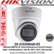 Hikvision 8MP IR Varifocal Turret Network Camera with 2.8 to 12 mm varifocal lens, 2 Behavior analyses, 120dB WDR, IP67, IK10, Built-in micro SD/SDHC/SDXC card slot, up to 128 GB - DS-2CD2H83G0-IZS