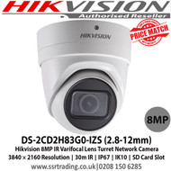 Hikvision DS-2CD2H83G0-IZS 8MP IR Varifocal Turret Network Camera with 2.8 to 12 mm varifocal lens, 2 Behavior analyses, 120dB WDR, IP67, IK10, Built-in micro SD/SDHC/SDXC card slot, up to 128 GB 