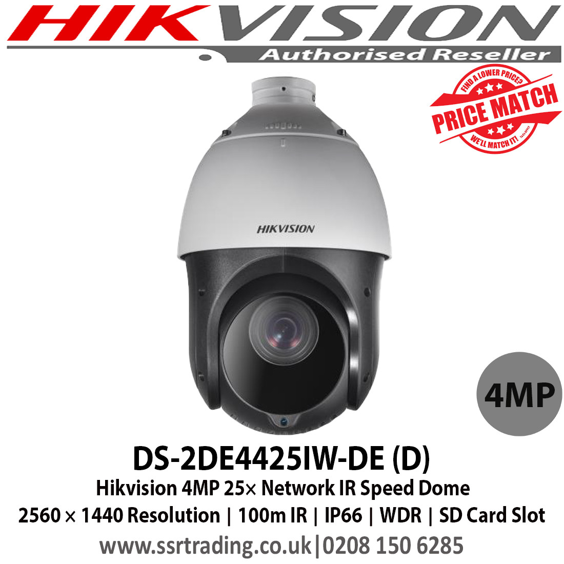 Hikvision DS-2DE4425IW-DE (D) 4MP 25× Network IR Speed Dome Camera with ...