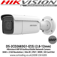 Hikvision - 8MP IR Varifocal Bullet Network Camera with 2.8 to 12 mm varifocal lens, 50m IR, 2 Behavior analyses, 120dB WDR, BLC/3D DNR/ROI/HLC, IP67, Built-in micro SD/SDHC/SDXC card slot, up to 128 GB - DS-2CD2683G1-IZ(S)