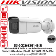 Hikvision 8MP IR Varifocal Bullet Network Camera with 2.8 to 12 mm varifocal lens, 50m IR, 2 Behavior analyses, 120dB WDR, BLC/3D DNR/ROI/HLC, IP67, Built-in micro SD/SDHC/SDXC card slot, up to 128 GB - DS-2CD2683G1-IZ(S)