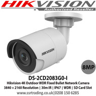 Hikvision - 8 MP(4K) IR Fixed Bullet Network Camera with 4mm fixed lens, Up to 30m IR Range, 120dB WDR, BLC/3D DNR/ROI/HLC, IP67, Built-in micro SD/SDHC/SDXC card slot, up to 128 GB - DS-2CD2083G0-I