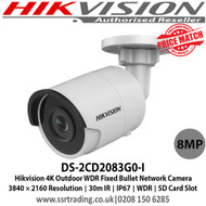 Hikvision DS-2CD2083G0-I 8MP(4K) IR Fixed Bullet Network Camera with 4mm fixed lens, Up to 30m IR Range, 120dB WDR, BLC/3D DNR/ROI/HLC, IP67, Built-in micro SD/SDHC/SDXC card slot, up to 128 GB