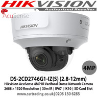 Hikvision - 4MP AcuSense IR Varifocal Dome Network Camera with IR range: Up to 30m,  2.8mm to 12mm varifocal lens, IP67, IK10 , Support on-board storage, up to 128 GB  - DS-2CD2746G1-IZ(S)