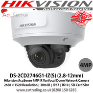 Hikvision DS-2CD2746G1-IZ(S) 4MP AcuSense IR Varifocal Dome Network Camera with IR range: Up to 30m,  2.8mm to 12mm varifocal lens, IP67, IK10 , Support on-board storage, up to 128 GB