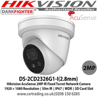 Hikvision - 2MP AcuSense Darfighter IR Fixed Turret Network Camera with 2.8mm fixed lens, Up to 50m IR range, IP67, False alarm reduction by human and vehicle target classification, Support on-board storage, up to 128 GB - DS-2CD2326G1-I
