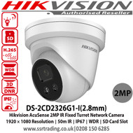 Hikvision 2MP AcuSense Darfighter IR Fixed Turret Network Camera with 2.8mm fixed lens, Up to 50m IR range, IP67, False alarm reduction by human and vehicle target classification, Support on-board storage, up to 128 GB - DS-2CD2326G1-I