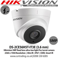 Hikvision - 5MP Ultra-Low Light PoC Turret Camera with 3.6mm fixed lens, 40m IR, Ultra-low light, OSD menu, DNR, DWDR, IPI67 - DS-2CE56H5T-IT3E