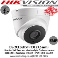 Hikvision 5MP Ultra-Low Light PoC Turret Camera with 3.6mm fixed lens, 40m IR, Ultra-low light, OSD menu, DNR, DWDR, IPI67 - DS-2CE56H5T-IT3E