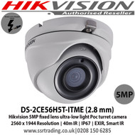 Hikvision - 5MP Ultra-Low Light PoC Turret Camera with 2.8mm fixed lens, 40m IR, Ultra-low light, OSD menu, DNR, DWDR, IPI67 - DS-2CE56H5T-ITME