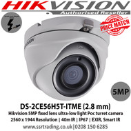 Hikvision 5MP Ultra-Low Light PoC Turret Camera with 2.8mm fixed lens, 40m IR, Ultra-low light, OSD menu, DNR, DWDR, IPI67 - DS-2CE56H5T-ITME