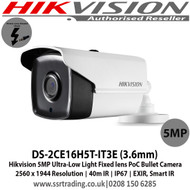 Hikvision - 5MP Ultra-Low Light Fixed lens PoC Bullet Camera with 3.6 mm fixed lens, 40m IR, Ultra-low light, OSD menu, DNR, DWDR, IPI67 - DS-2CE16H5T-IT3E