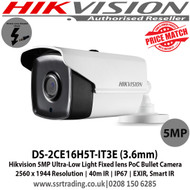 Hikvision 5MP Ultra-Low Light Fixed lens PoC Bullet Camera with 3.6 mm fixed lens, 40m IR, Ultra-low light, OSD menu, DNR, DWDR, IPI67 - DS-2CE16H5T-IT3E