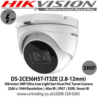 Hikvision - 5MP Ultra-Low Light Varifocal PoC Turret Camera with 2.8 mm to 12 mm motorized vari-focal lens, 40m IR, Ultra-low light, OSD menu, DNR, DWDR, IPI67 - DS-2CE56H5T-IT3ZE