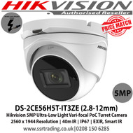 Hikvision 5MP Ultra-Low Light Varifocal PoC Turret Camera with 2.8 mm to 12 mm motorized vari-focal lens, 40m IR, Ultra-low light, OSD menu, DNR, DWDR, IPI67 - DS-2CE56H5T-IT3ZE