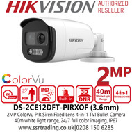 Hikvision - 2MP PIR Siren Full Time Color Camera with 3.6mm fixed lens, 40m white light distance, 24-hour color image, iIP67,  Built-in siren,  strobe light alarm,  4 in 1 video output (switchable TVI/AHD/CVI/CVBS) - DS-2CE12DFT-PIRXOF