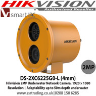 Hikvision - 2 MP Underwater Network Camera with 4mm fixed lens, IP68, Three streams, 120dB WDR, 4 behavior analyses, Smart encoding: low bit rate, low latency, Adaptability : up to 50 m depth underwater - DS-2XC6225G0-L