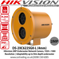 Hikvision 2MP Underwater Network Camera with 4mm fixed lens, IP68, Three streams, 120dB WDR, 4 behavior analyses, Smart encoding: low bit rate, low latency, Adaptability : up to 50 m depth underwater - DS-2XC6225G0-L