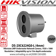 Hikvision 2MP Underwater Network Camera with 4mm fixed lens, IP68, Three streams, 120dB WDR, 4 behavior analyses, Smart encoding: low bit rate, low latency, Adaptability : up to 15 m depth underwater - DS-2XC6224G0-L