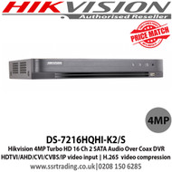 Hikvision DS-7216HQHI-K2/S 4MP Turbo HD 16 Channel 2 SATA Audio over coax DVR, HDTVI/AHD/CVI/CVBS/IP video input, Max. 800 m for 1080p and 1200 m for 720p HDTVI signal transmission, Up to 10 TB capacity per HDD 