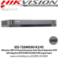 Hikvision - 4 Channel 5MP Turbo HD 2 SATA Acusense False Alarm Reduction DVR with Self-adaptive HDTVI/HDCVI/AHD/CVBS signal input, H.265 Video compression - iDS-7204HUHI-K2/4S