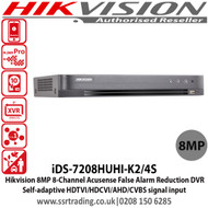Hikvision 8 Channel 8MP Turbo HD 2 SATA Acusense False Alarm Reduction DVR with Self-adaptive HDTVI/HDCVI/AHD/CVBS signal input, H.265 Video compression - iDS-7208HUHI-K2/4S