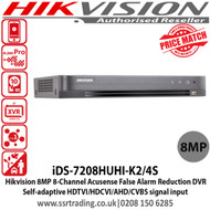 Hikvision iDS-7208HUHI-K2/4S 8 Channel 8MP Turbo HD 2 SATA Acusense False Alarm Reduction DVR with Self-adaptive HDTVI/HDCVI/AHD/CVBS signal input, H.265 Video compression 