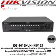 Hikvision - 16 Channel 8MP Acusense False Alarm Filtering Hybrid DVR, Supports HDTVI/AHD/CVI/CVBS/IP video input,  8 SATA - iDS-9016HUHI-K8/16S