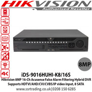 Hikvision 16 Channel 8MP Acusense False Alarm Filtering Hybrid DVR, Supports HDTVI/AHD/CVI/CVBS/IP video input,  8 SATA - iDS-9016HUHI-K8/16S